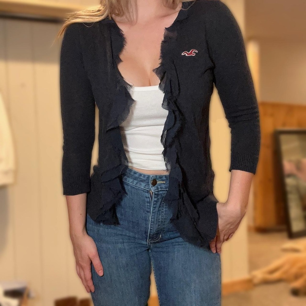 Vintage Y2K Hollister Navy Blue Ruffle Front Cardigan Sweater Women's Medium